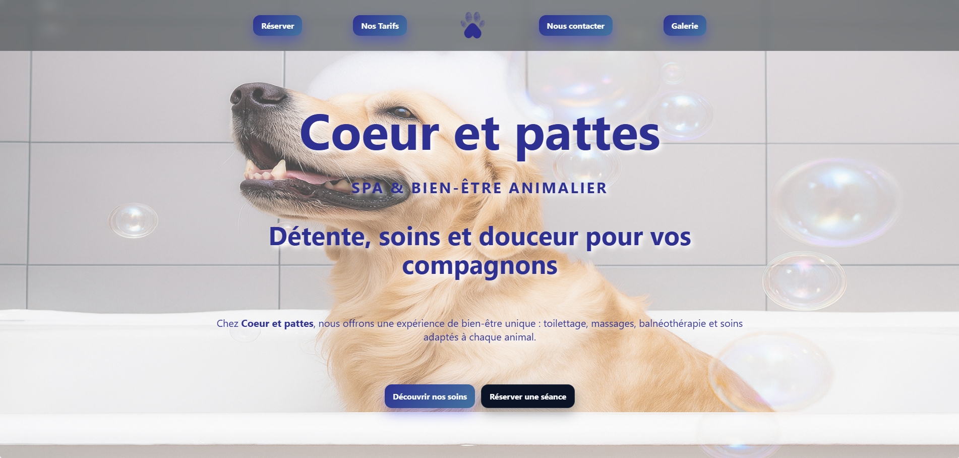 Capture d'écran du site Coeur et pattes — page d'accueil