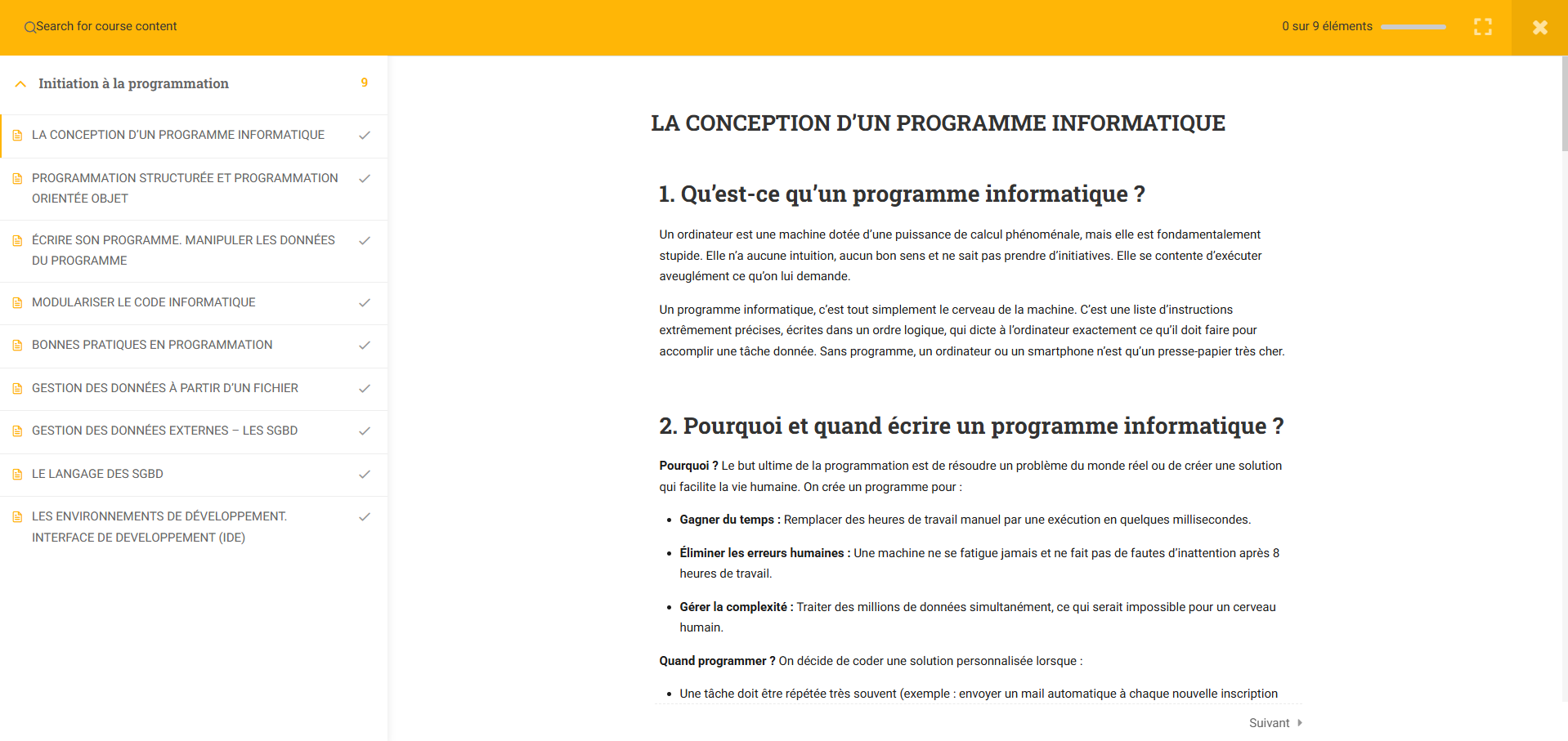Capture d'écran de la plateforme de formation — cours Initiation à la programmation